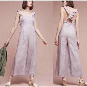 Anthropologie Linen Jumpsuit Size 4 Nantucket Ruffle Square Neck Wide Leg Resort